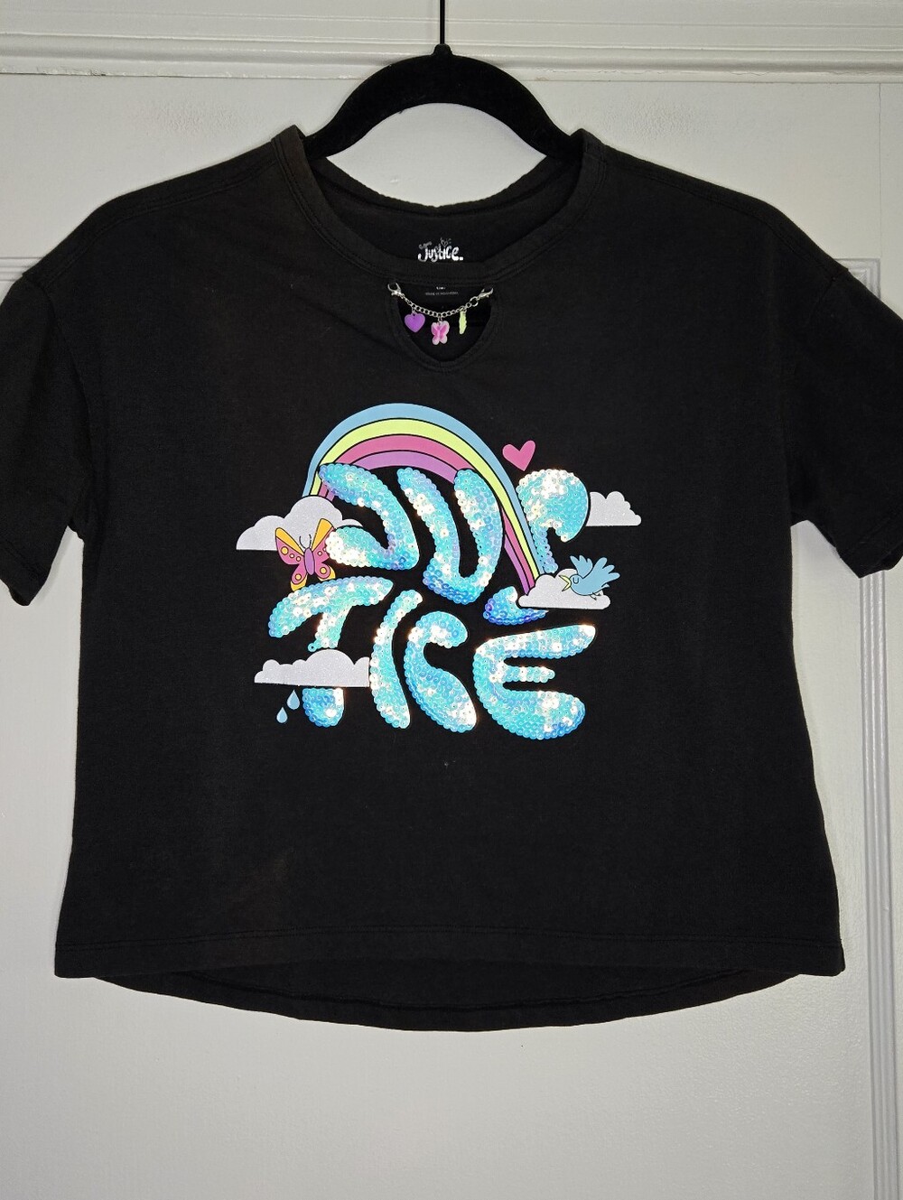Justice Black Short Sleeve T-Shirt with Charms and Sequence Girls Medium (10)